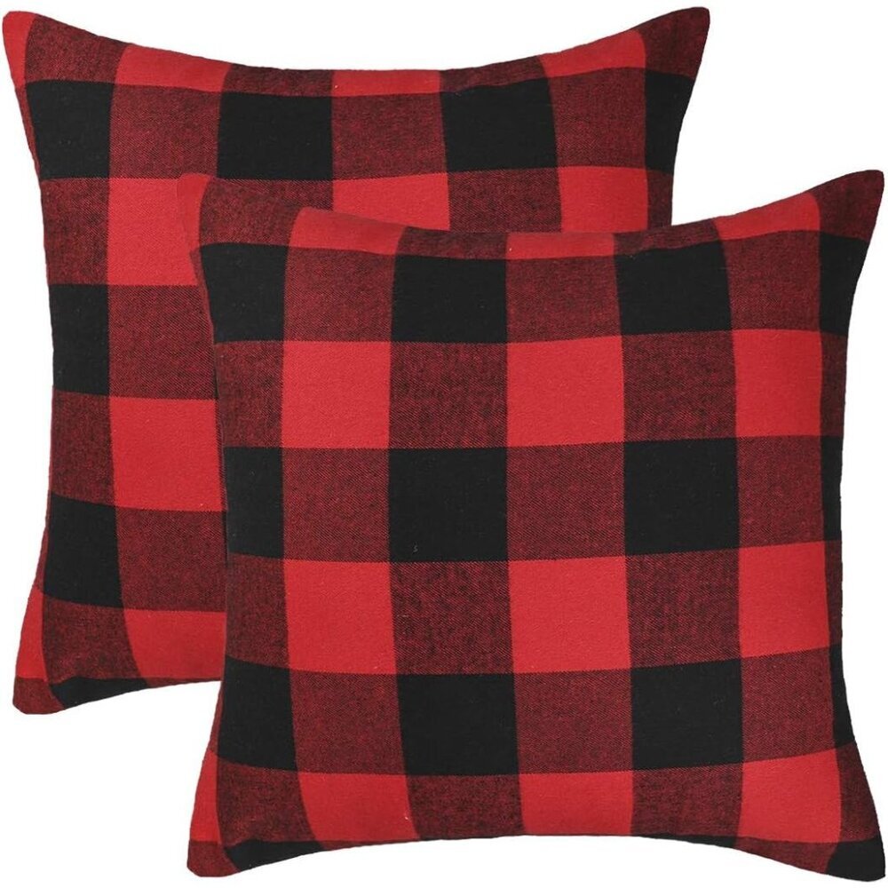 Durable Red & Black Check Throw Pillow Covers – 2 Pack, 18" x 18" for Home Charm